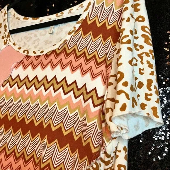 Cato Pink and Brown Chevron Short Sleeve Top - Picture 3 of 5